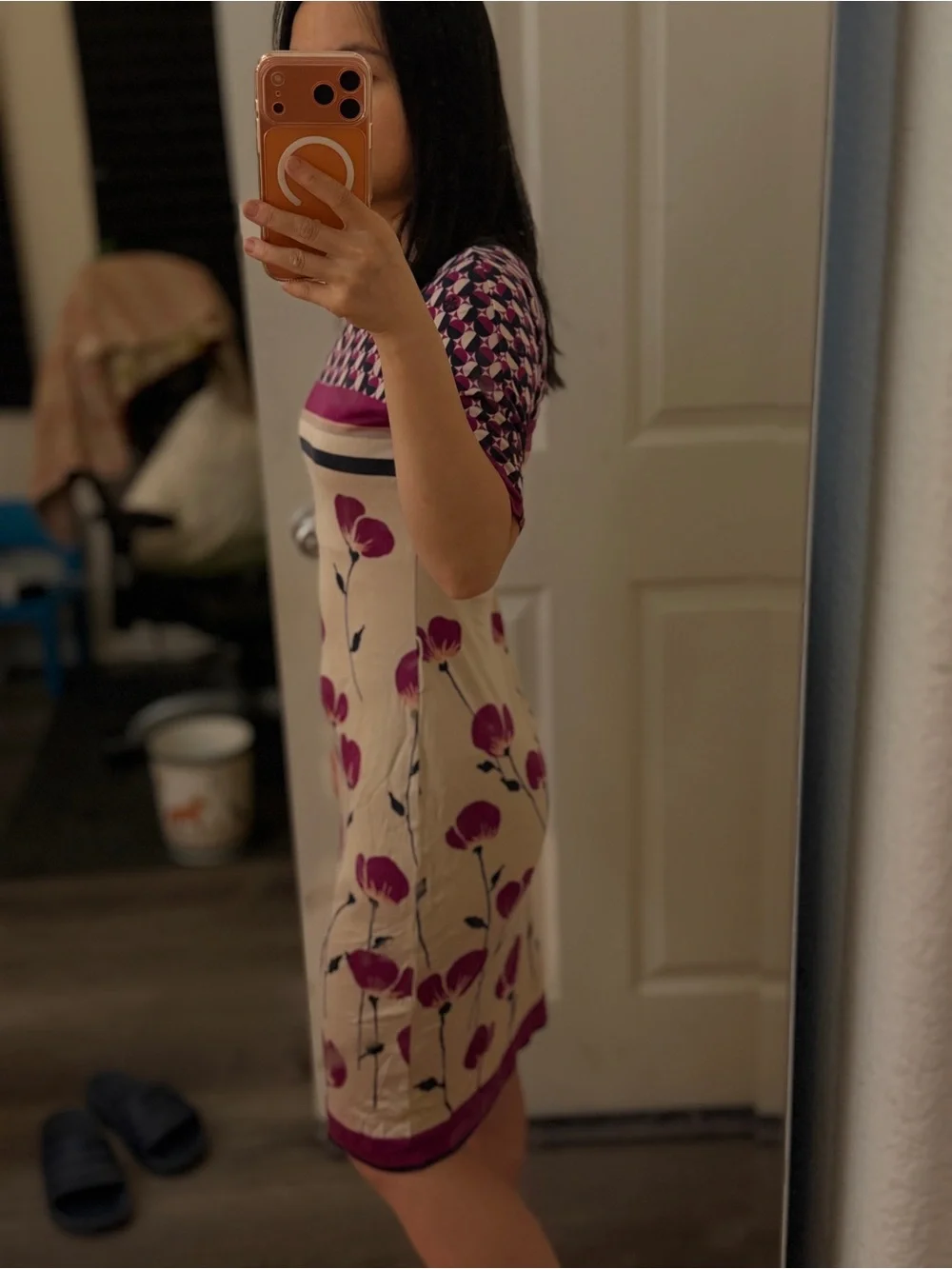 Tory Burch 100%silk Beige Midi Dress with Magenta Floral and Navy Trim